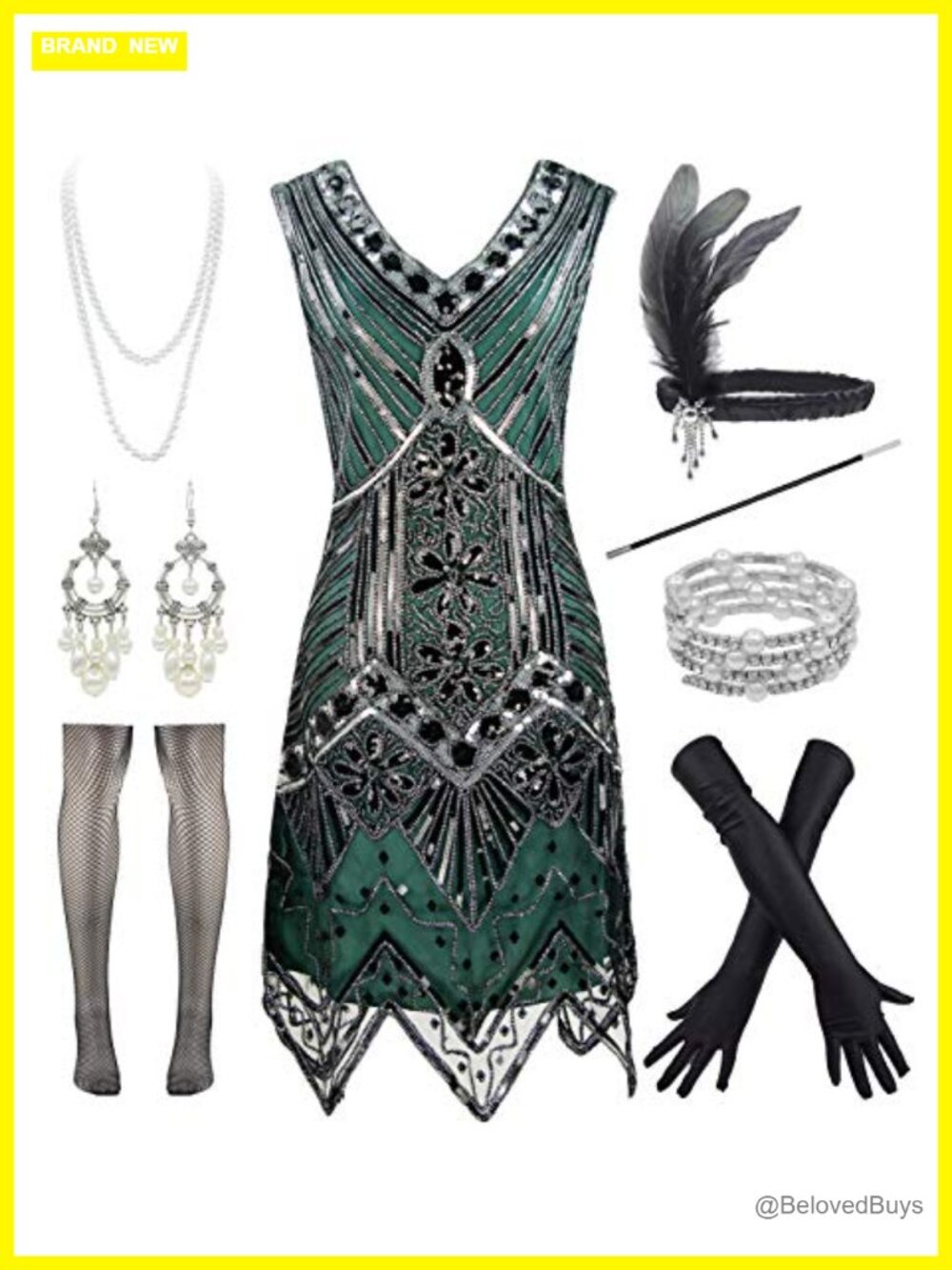 1920s Flapper Sequin Cocktail Prom Dress with Accessories Set